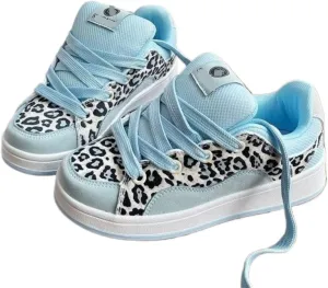 Y2K Leopard Print Platform Sneakers for Girls – Chunky Cute Lace-Up Trainers with Soft Cushion Insole Non-Slip Plush Design Casual Walking Shoes in Pink & Blue