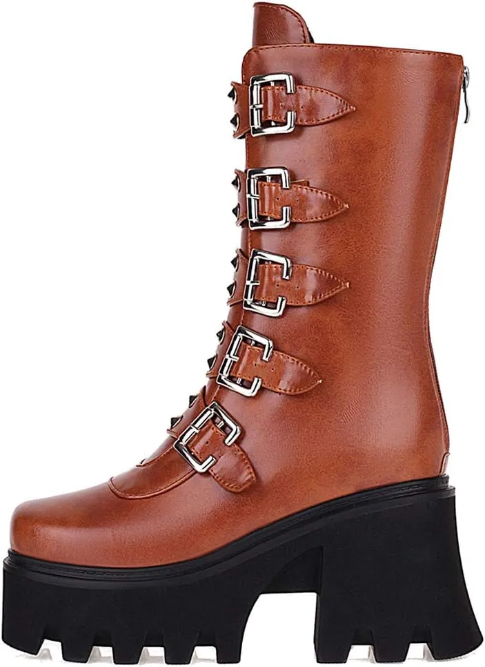 YIYA Black Platform Goth Boots for Women Studded Wide Mid Calf Combat Punk Boots Round Toe Buckle Chunky Heel Back Zipper Thick Sole Ankle Booties