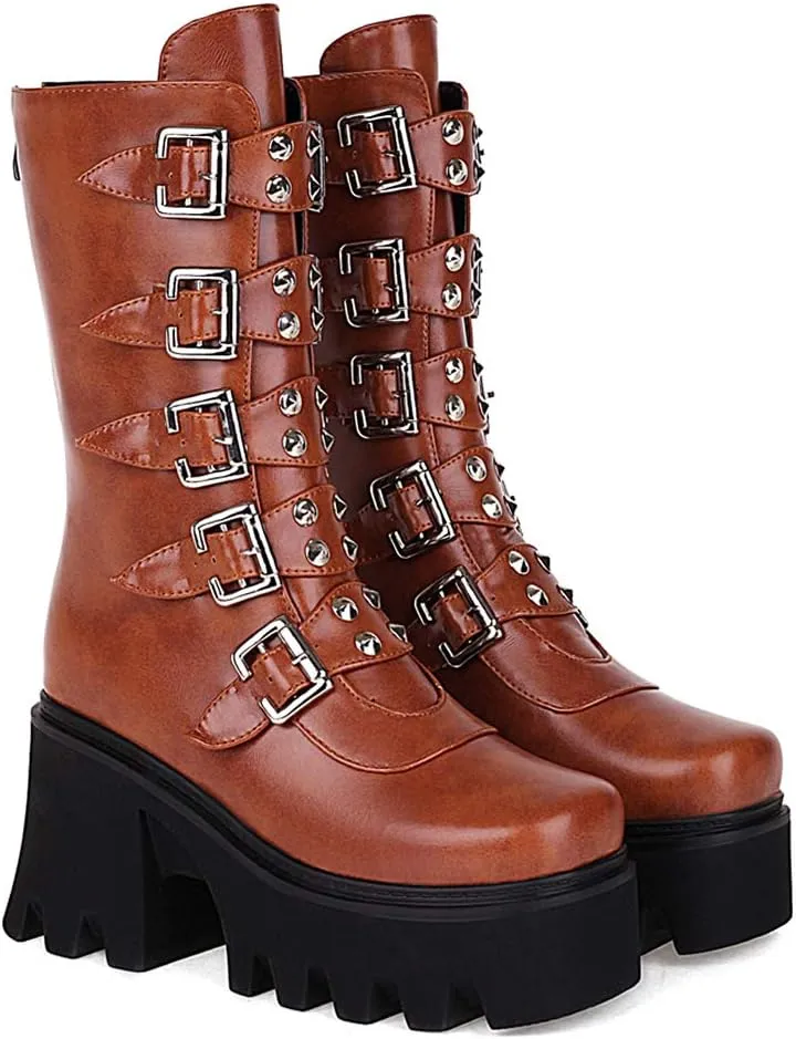 YIYA Black Platform Goth Boots for Women Studded Wide Mid Calf Combat Punk Boots Round Toe Buckle Chunky Heel Back Zipper Thick Sole Ankle Booties