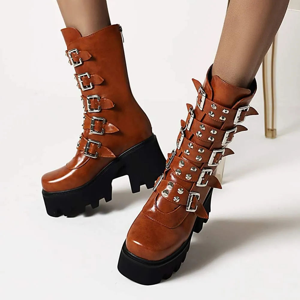 YIYA Black Platform Goth Boots for Women Studded Wide Mid Calf Combat Punk Boots Round Toe Buckle Chunky Heel Back Zipper Thick Sole Ankle Booties