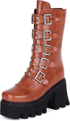 YIYA Black Platform Goth Boots for Women Studded Wide Mid Calf Combat Punk Boots Round Toe Buckle Chunky Heel Back Zipper Thick Sole Ankle Booties