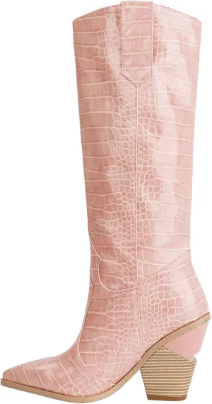 YIYA Women's Cowgirl Knee High Boots with Thick Wedge Heel Fashion Dress Boot for Women Western Cowboy Boot
