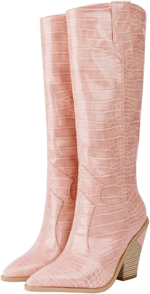 YIYA Women's Cowgirl Knee High Boots with Thick Wedge Heel Fashion Dress Boot for Women Western Cowboy Boot