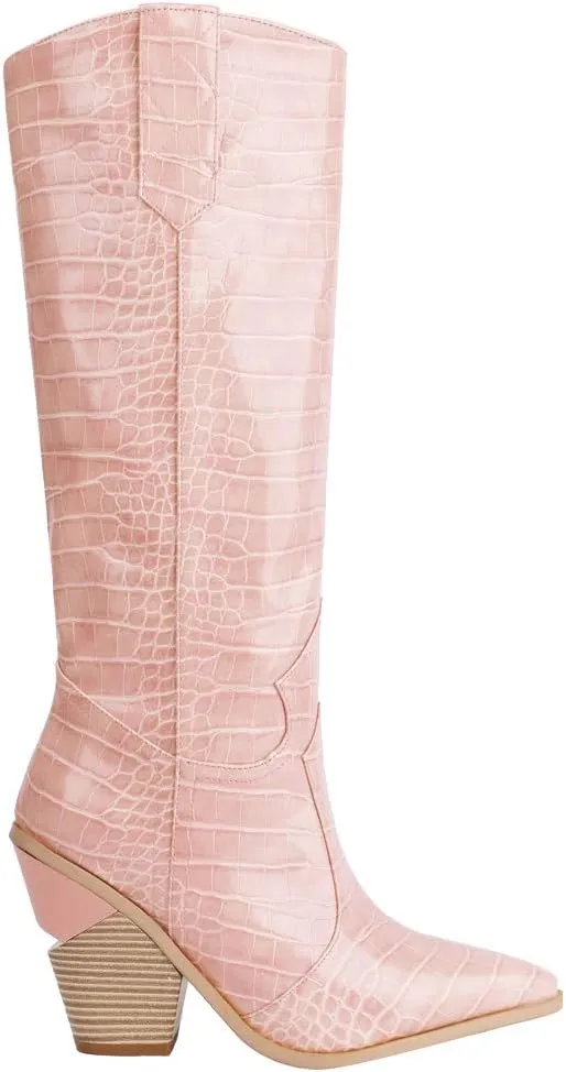 YIYA Women's Cowgirl Knee High Boots with Thick Wedge Heel Fashion Dress Boot for Women Western Cowboy Boot