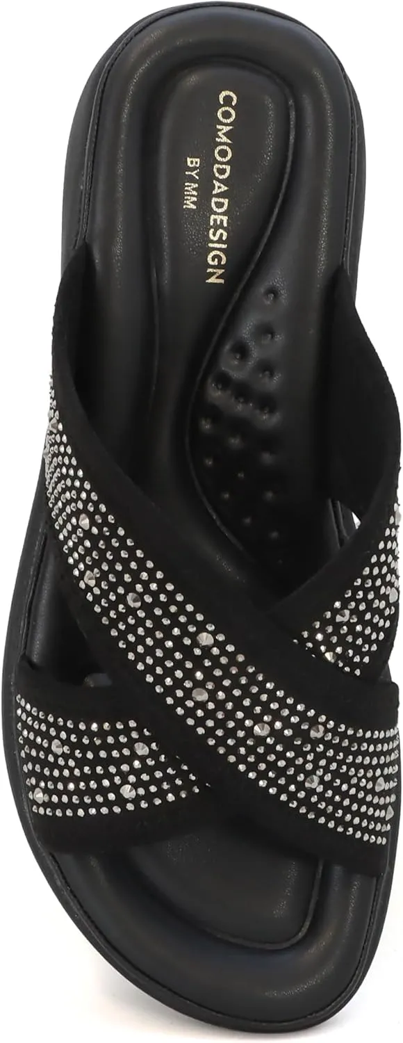 YOKI NOMI-05 Women’s Wedge Sandals with Rhinestone Straps, Women’s Sandals Comfortable Dressy