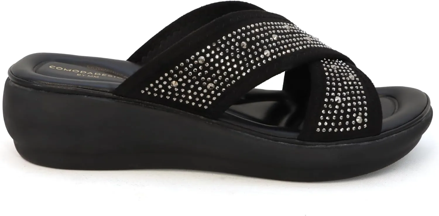 YOKI NOMI-05 Women’s Wedge Sandals with Rhinestone Straps, Women’s Sandals Comfortable Dressy