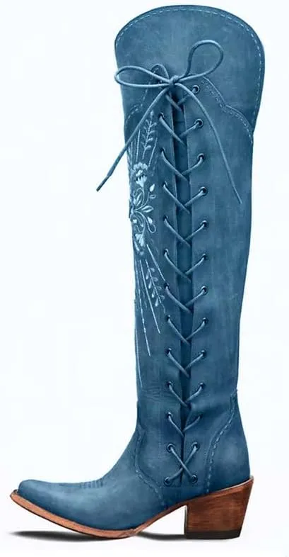Yolkomo Cowboy Boots for Women Wide Calf Embroidered Western Cowgirl Boots Pointed Toe Over-The-Knee High Lace-Up Boots