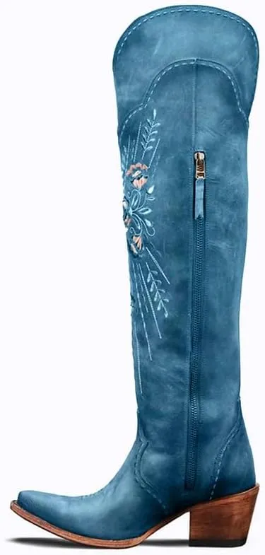 Yolkomo Cowboy Boots for Women Wide Calf Embroidered Western Cowgirl Boots Pointed Toe Over-The-Knee High Lace-Up Boots