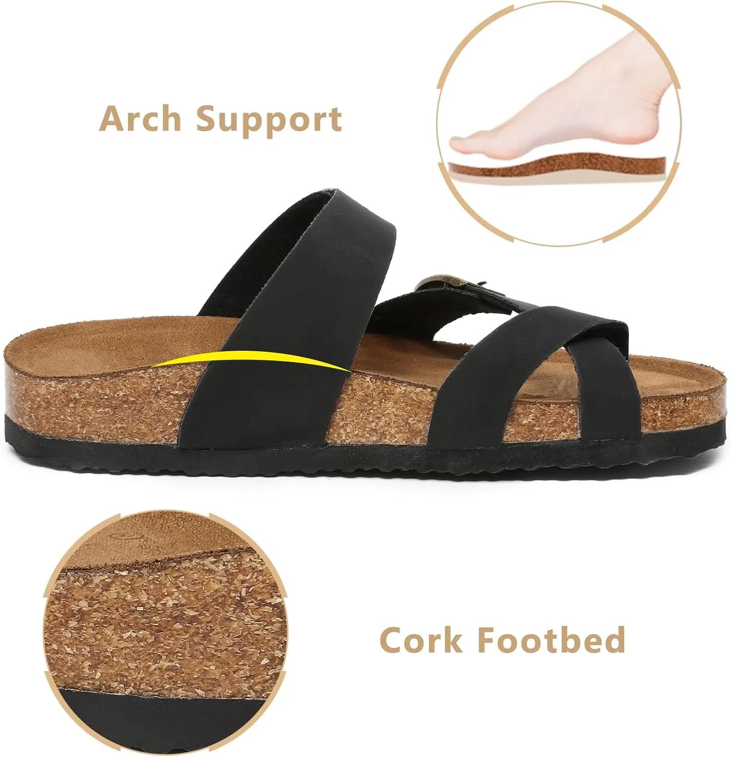 Yozuru Womens Cork Footbed Sandals Comfort Open Toe Slides Adjustable Buckle Beach Summer Flat Sandals with Arch Support