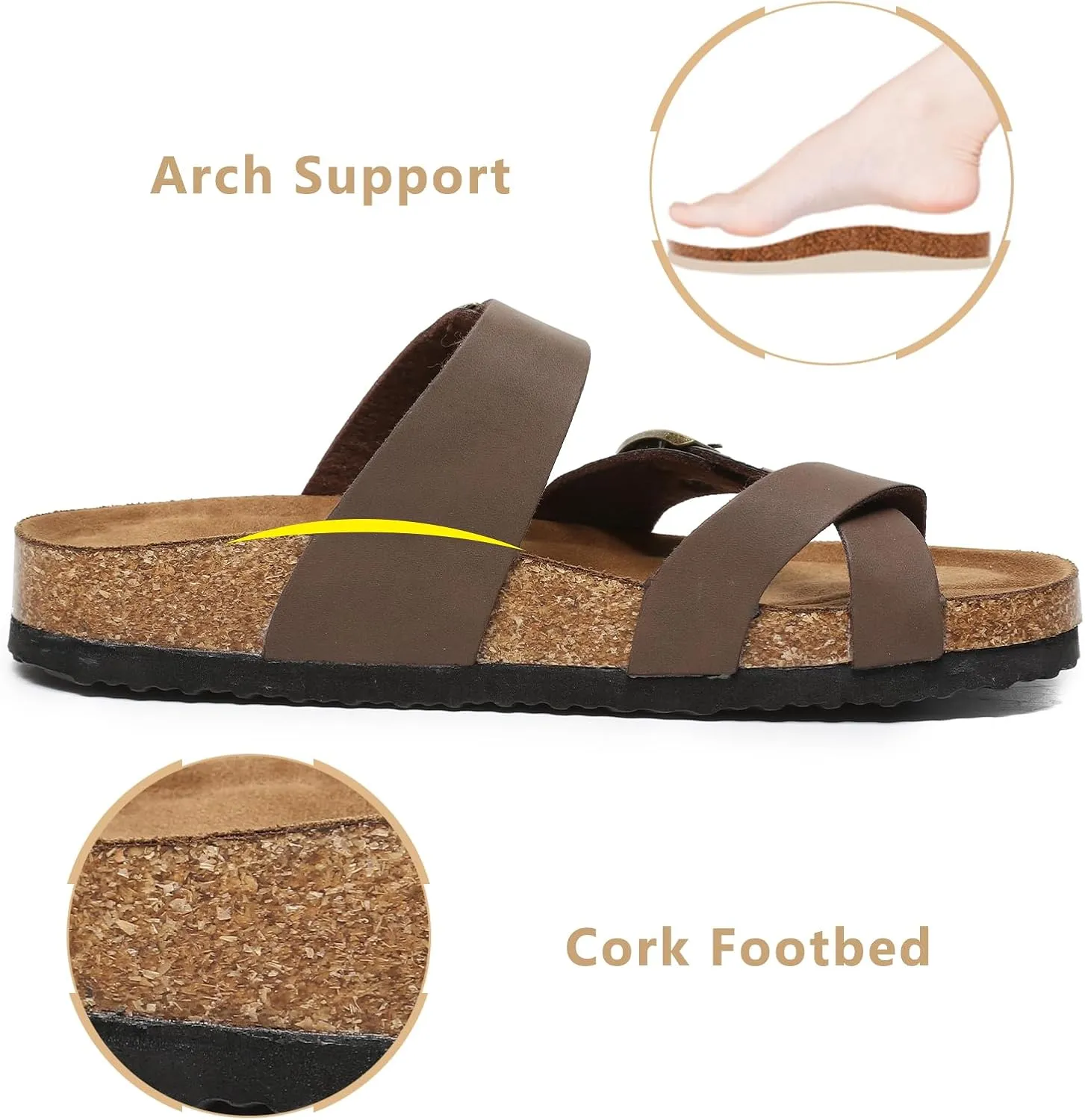 Yozuru Womens Cork Footbed Sandals Comfort Open Toe Slides Adjustable Buckle Beach Summer Flat Sandals with Arch Support