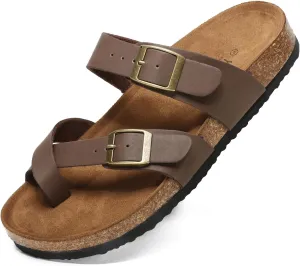 Yozuru Womens Cork Footbed Sandals Comfort Open Toe Slides Adjustable Buckle Beach Summer Flat Sandals with Arch Support