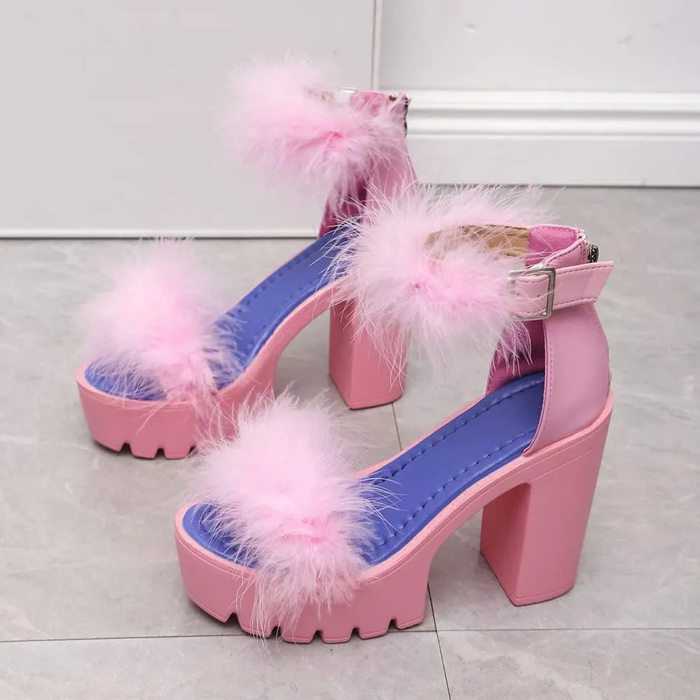 YSMIIH Women's Faux Fur Chunky Heel Sandals Platform Open Toe Fuzzy Ankle Strap Sexy Colorful Wedding Dress Heels