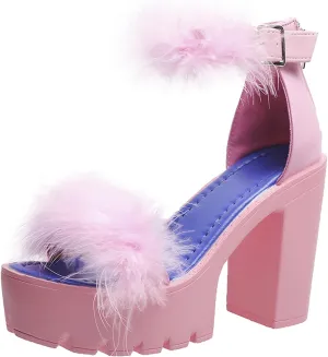 YSMIIH Women's Faux Fur Chunky Heel Sandals Platform Open Toe Fuzzy Ankle Strap Sexy Colorful Wedding Dress Heels