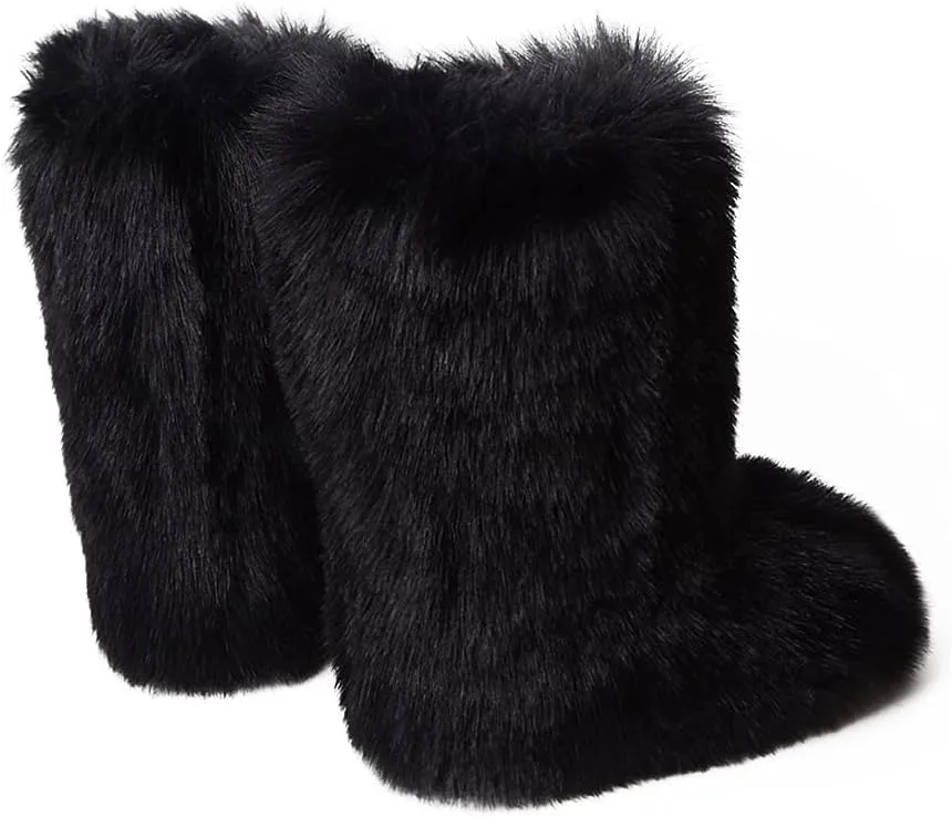 ZOSCGJMY Faux Fur Boots for Women Fuzzy Fluffy Furry Round Toe Suede Winter Snow Boots Flat Shoes