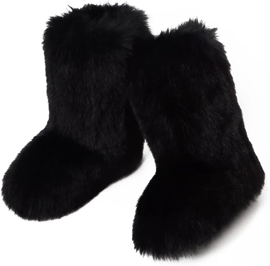 ZOSCGJMY Faux Fur Boots for Women Fuzzy Fluffy Furry Round Toe Suede Winter Snow Boots Flat Shoes
