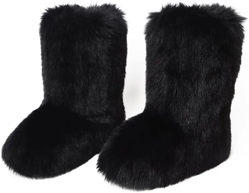 ZOSCGJMY Faux Fur Boots for Women Fuzzy Fluffy Furry Round Toe Suede Winter Snow Boots Flat Shoes