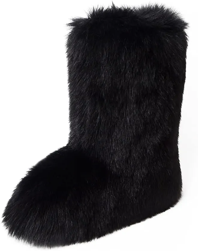 ZOSCGJMY Faux Fur Boots for Women Fuzzy Fluffy Furry Round Toe Suede Winter Snow Boots Flat Shoes