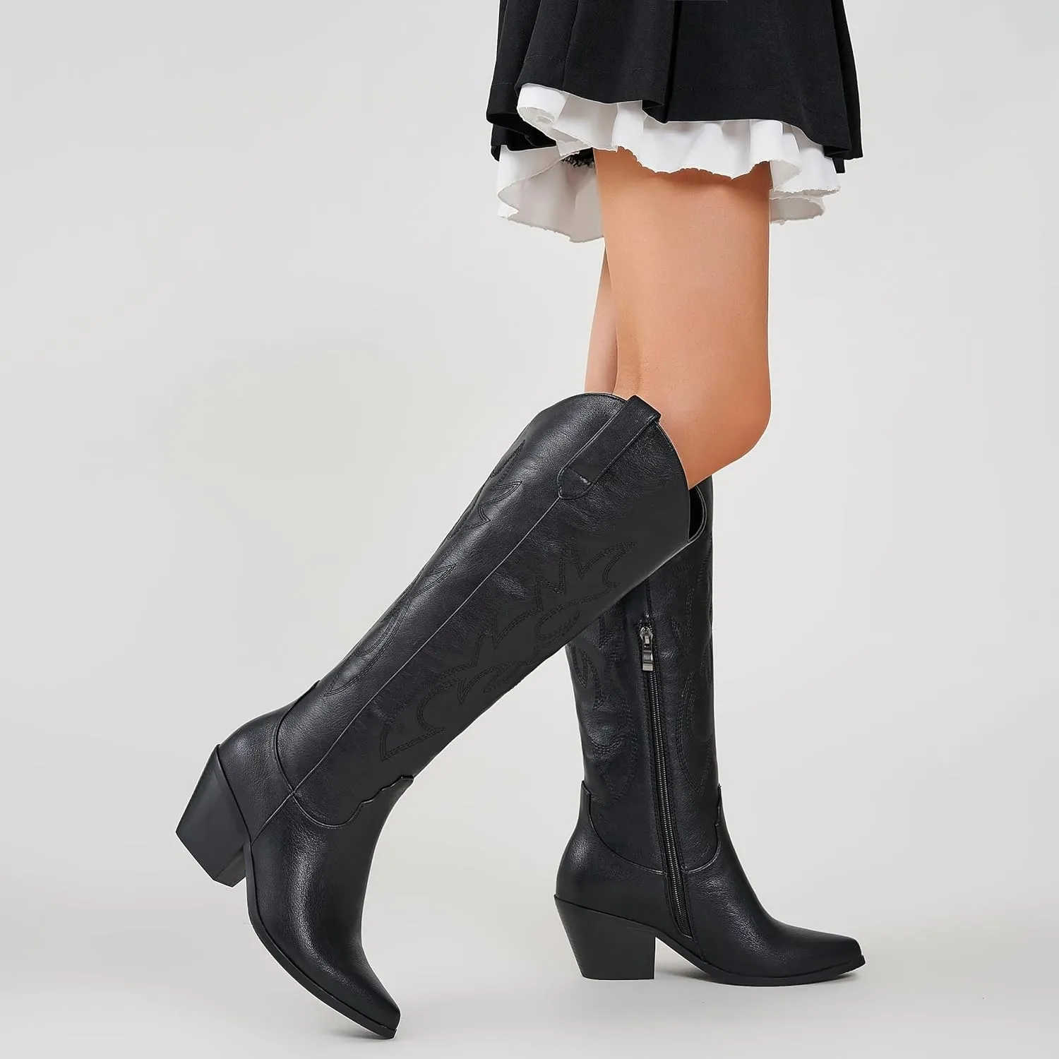 ZXHYZLZ Cowboy Boots For Women -Wide Calf Knee High Cowgirl Boots Botas Vaqueras Para Mujer Classic Embroidered Slip On Pointed Toe Thick Heel western Tall Boots Great For Country Concerts and Parties